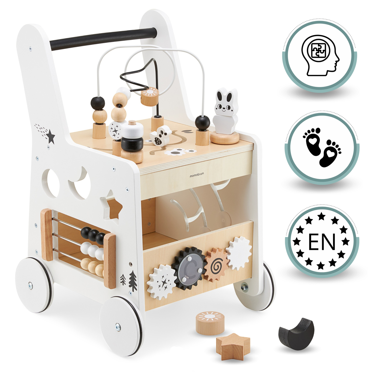 Poussette en bois 6in1, déambulateur avec fonction de table d'apprentissage