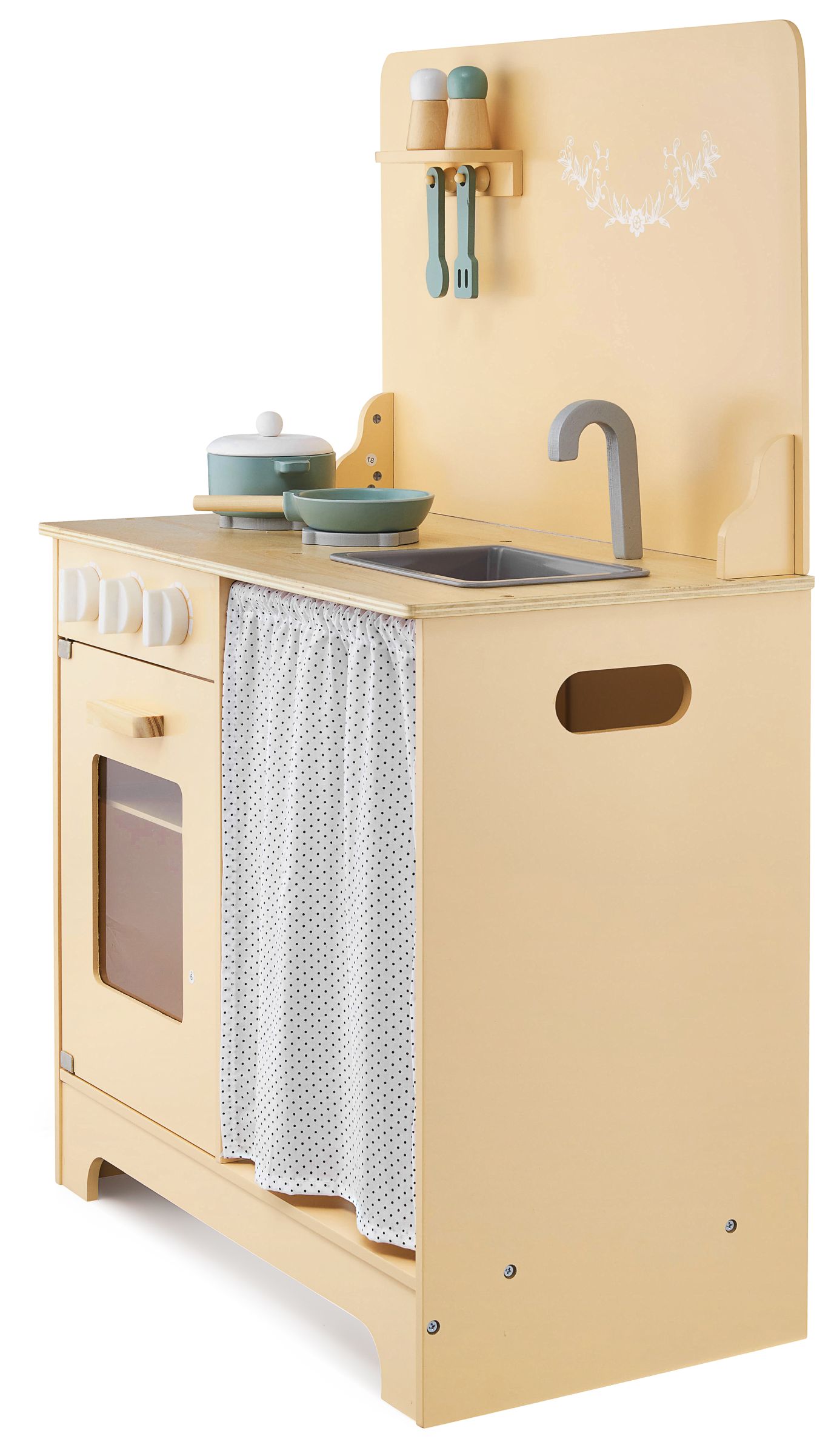 Cuisine en bois avec tablier, accessoires et éclairage LED