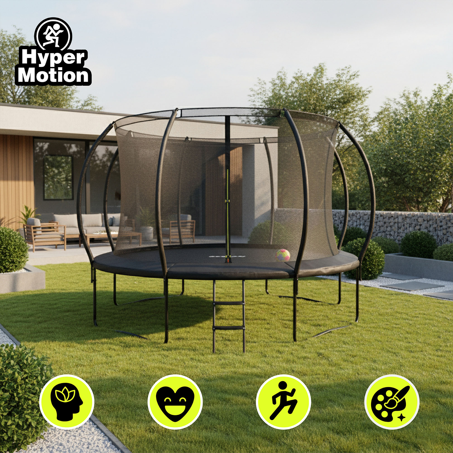 Trampoline de jardin XXL pour enfant HyperMotion - 366 cm 12FT - avec échelle et filet intérieur - pour maison et jardin - 150kg max