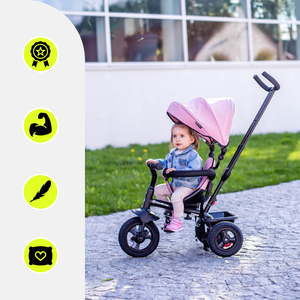 Tricycle pour enfants 1-4 ans - TOBI FREY - couleur rose - pivotant - roues pompées + pousseur