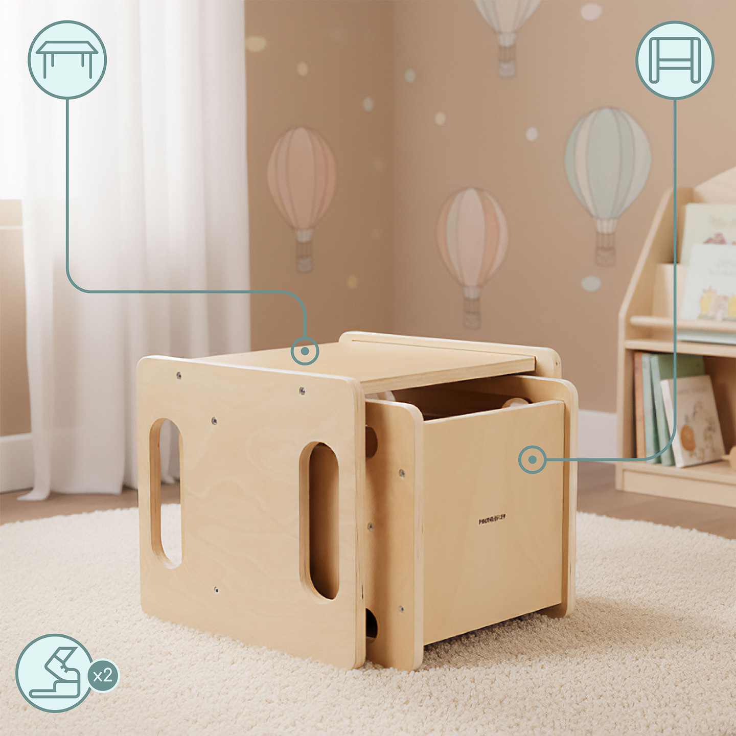 Table et chaise en bois avec fonction marchepied – un ensemble Montessori multifonctionnel pour enfants