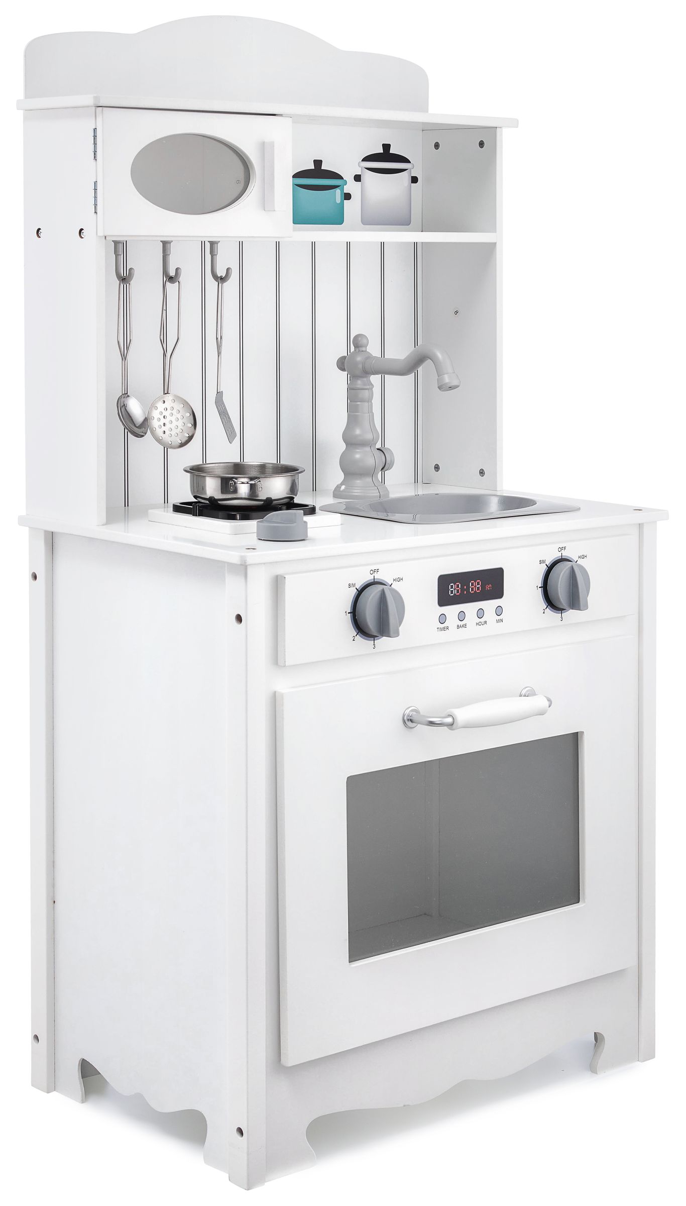 Cuisine en bois blanc avec tablier, accessoires et lampe LED