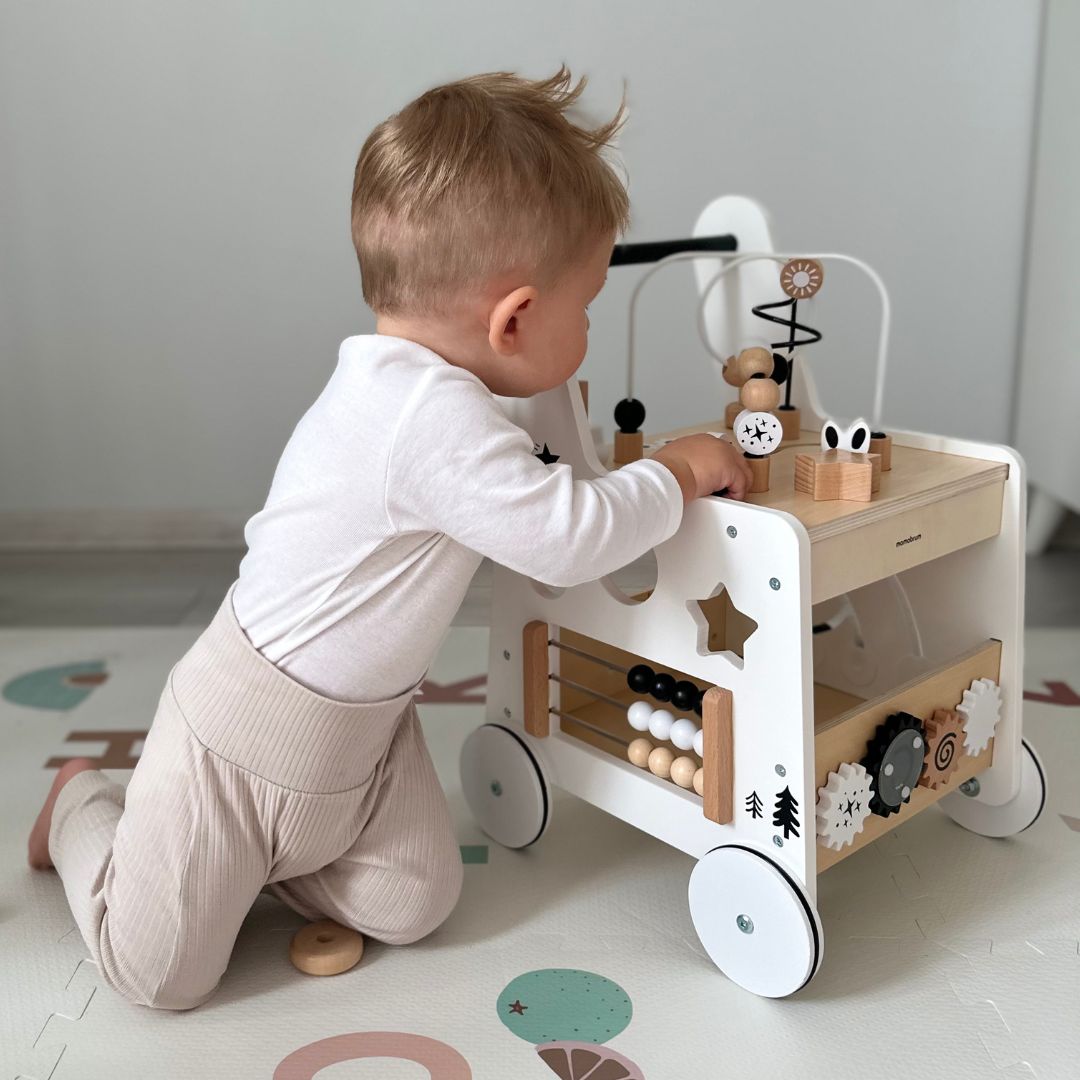 Poussette en bois 6in1, déambulateur avec fonction de table d'apprentissage