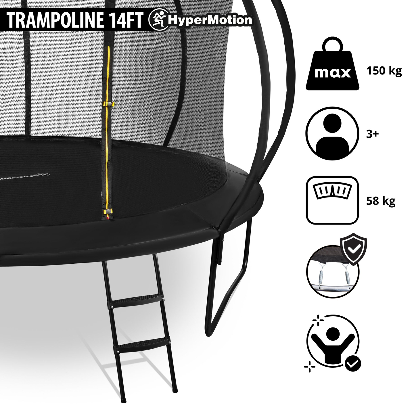 Trampoline de jardin XXXL pour enfants HyperMotion - 430 cm 14FT - avec échelle et filet intérieur - pour la maison et le jardin - 150kg max