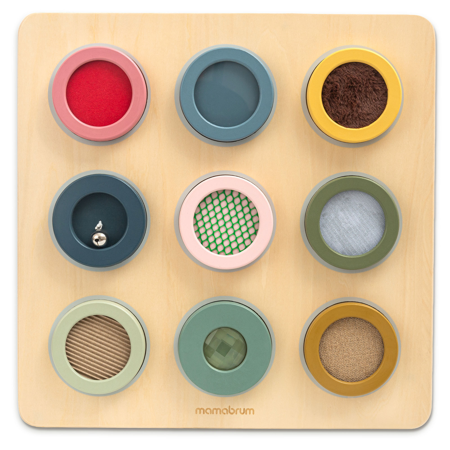 Tableau sensoriel Montessori en bois – 9 textures à découvrir et à développer le sens du toucher