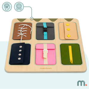 Tableau de manipulation Montessori en bois – Apprentissage sensoriel de l'autonomie – lacets, boucles, boutons, pressions, fermeture éclair
