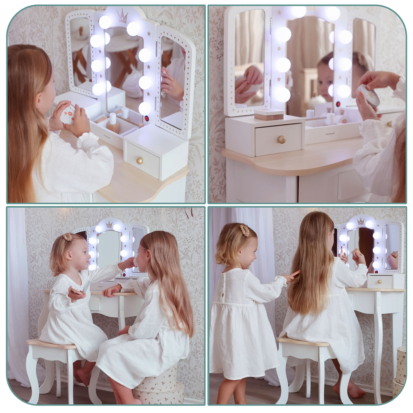 Coiffeuse XXL en bois avec tabouret et éclairage LED pour enfants + accessoires