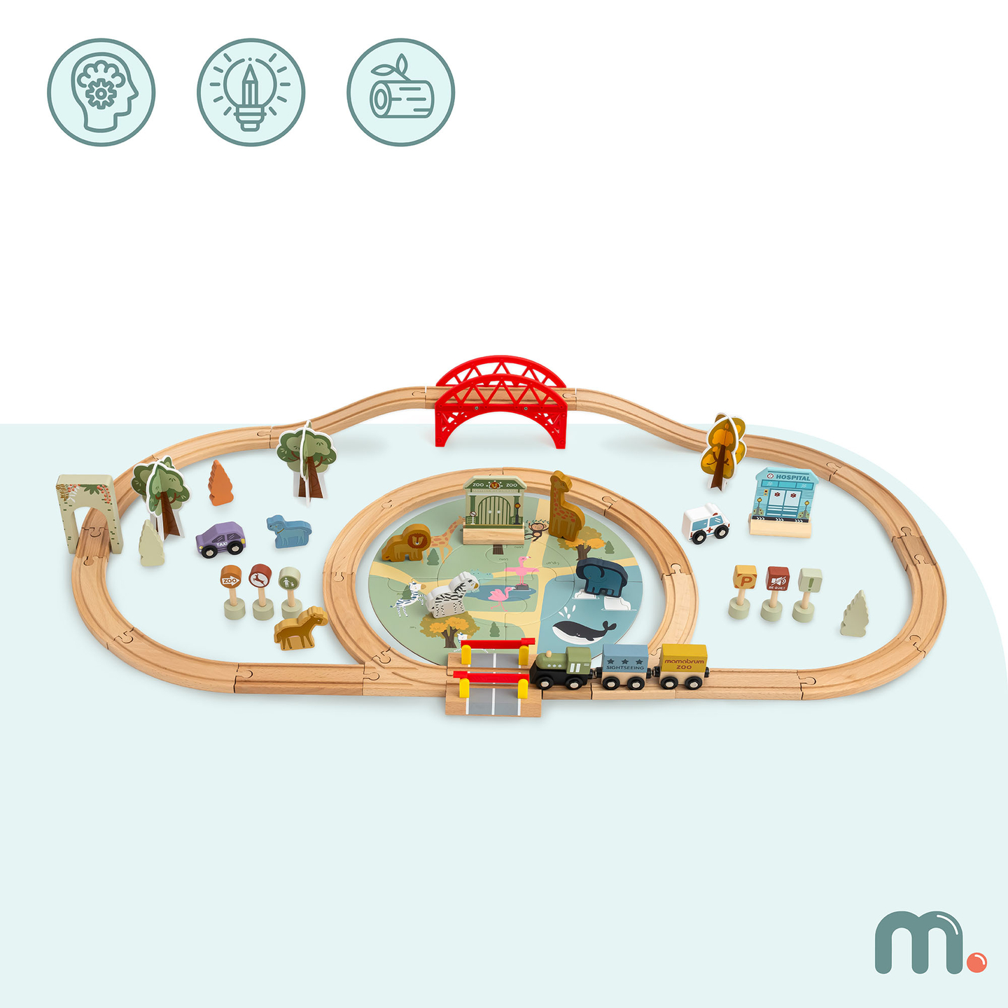 Train ZOO en bois – puzzle, train, rails, animaux, pont, barrière