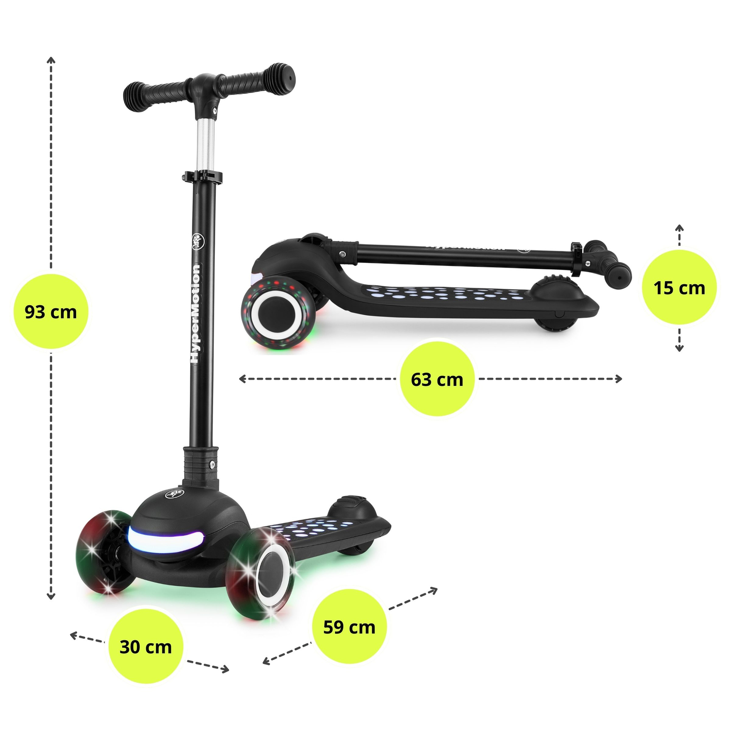 HyperMotion LUMI scooter d'équilibre 3-en-1 - plateforme éclairée et roues LED, couleur noire