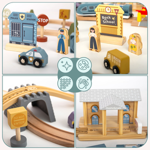 Chemin de fer urbain en bois avec train électrique - grue mobile, bateau, ponts