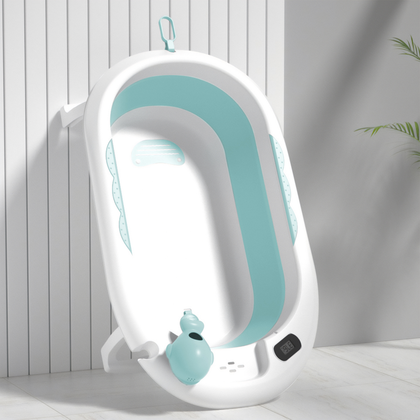 Baignoire pliante pour bébé avec thermomètre, insert et support - couleur menthe