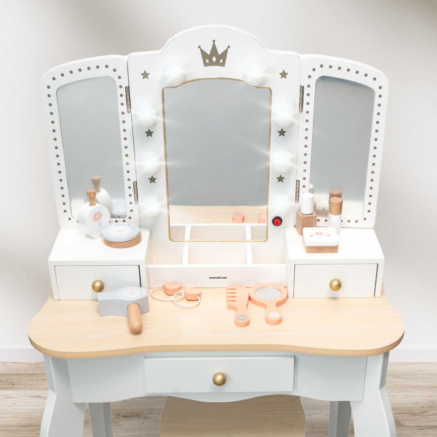 Coiffeuse XXL en bois avec tabouret et éclairage LED pour enfants + accessoires