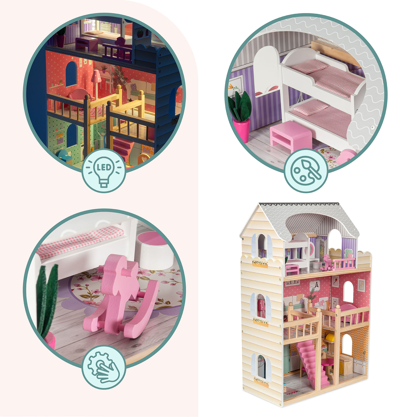 Grande maison de poupées en bois à 3 étages avec terrasse, ensemble de meubles et éclairage LED !