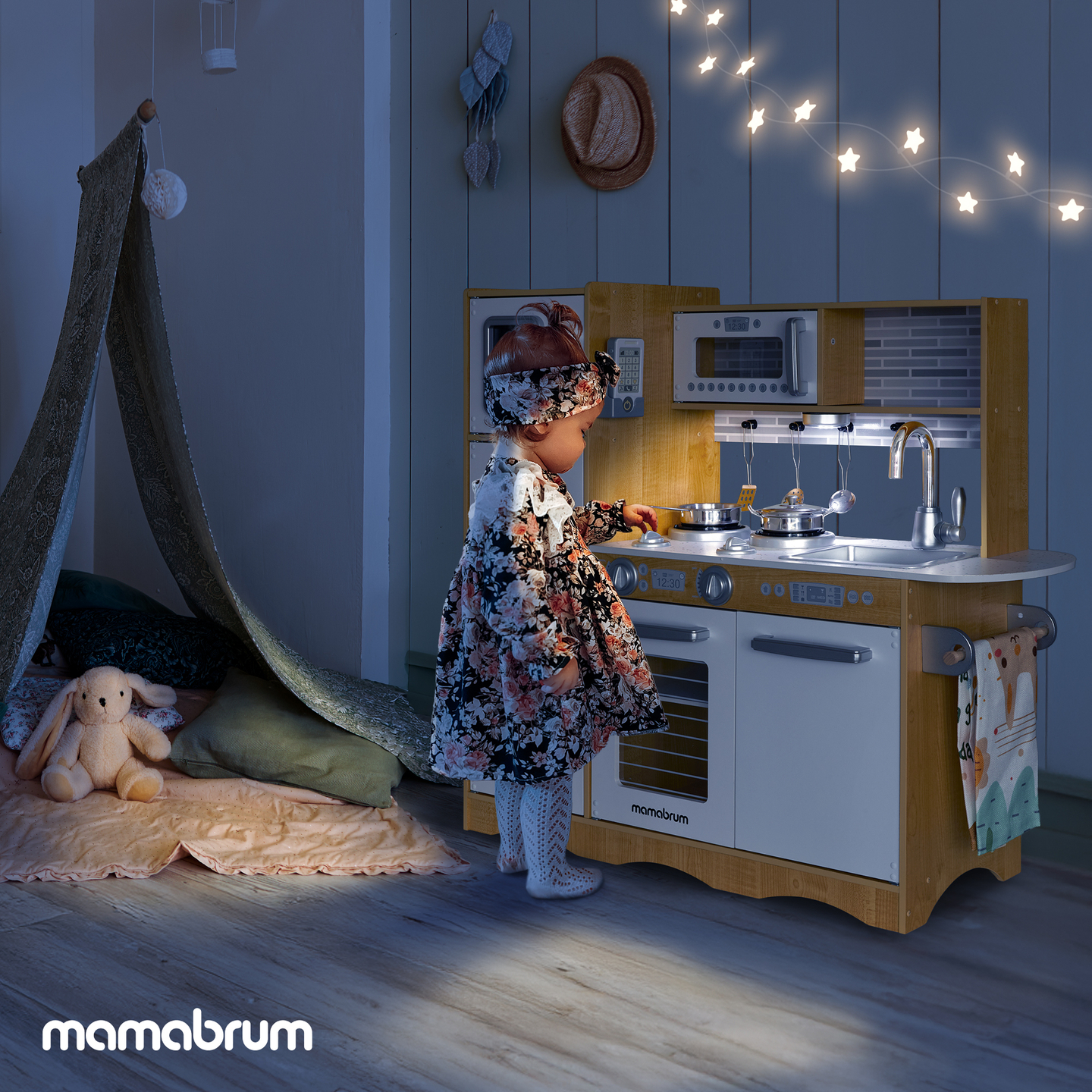 Cuisine en bois XXL avec éclairage LED, tablier et accessoires