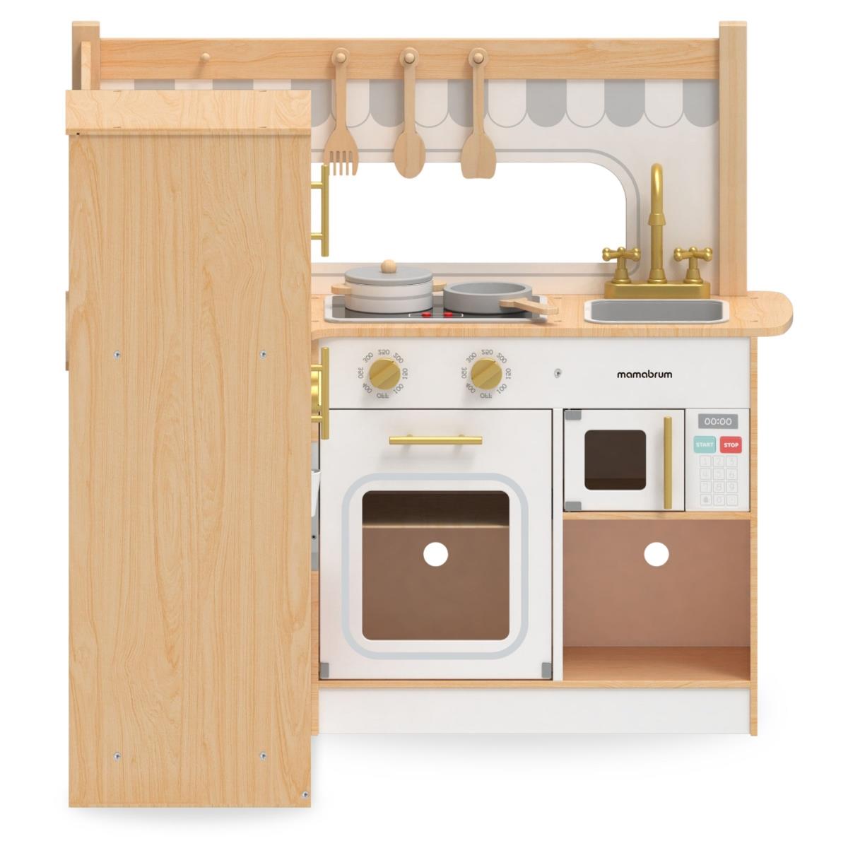 Cuisine d'angle interactive en bois XXXL avec réfrigérateur, micro-ondes, four, lave-linge et accessoires - naturel