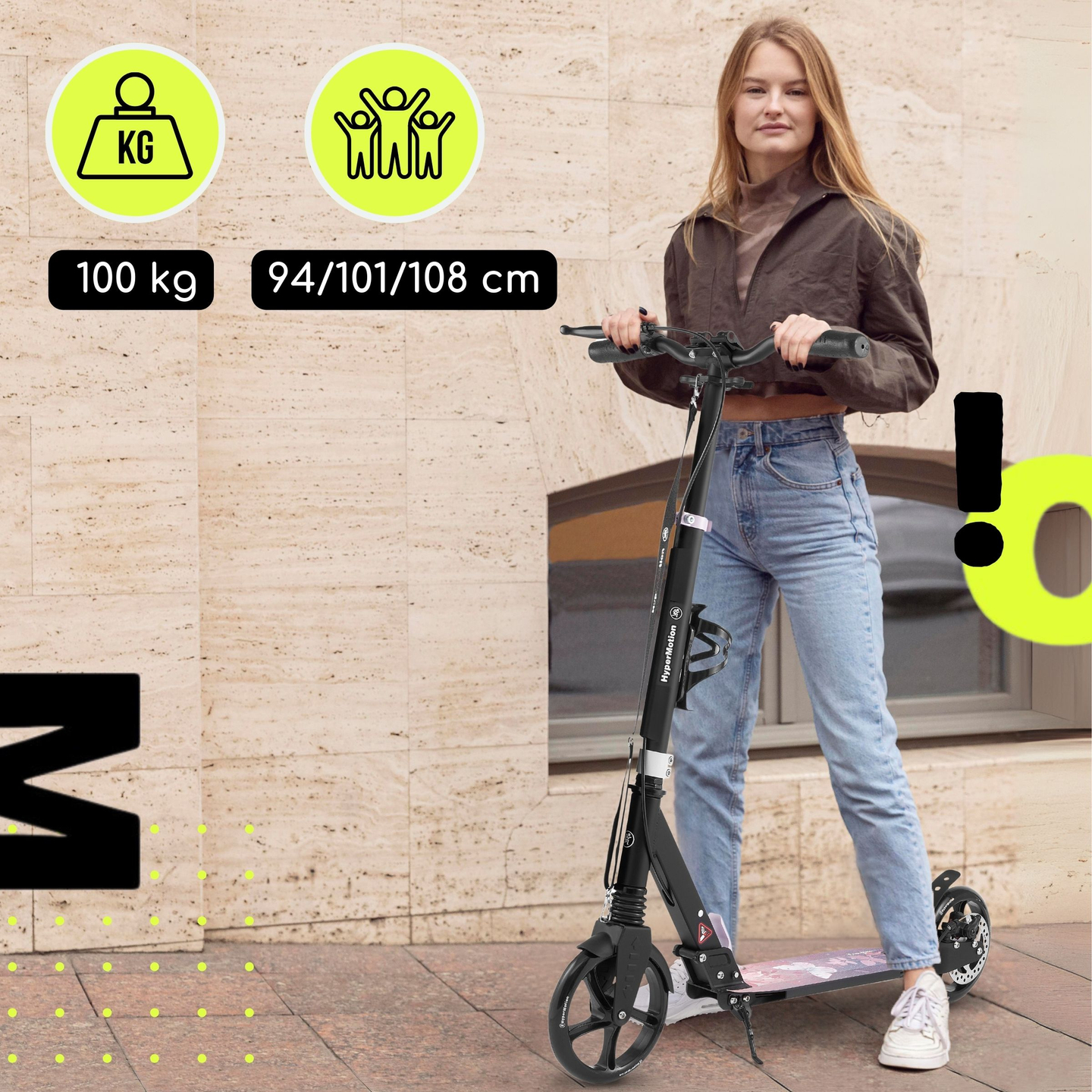 Scooter à deux roues pour jeunes adultes - avec amortisseur - HyperMotion Skyline - rose, aluminium - 100kg