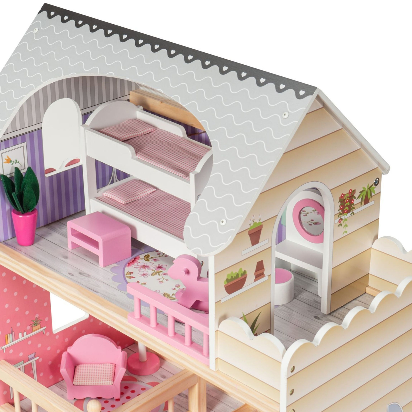 Grande maison de poupées en bois à 3 étages avec terrasse, ensemble de meubles et éclairage LED !