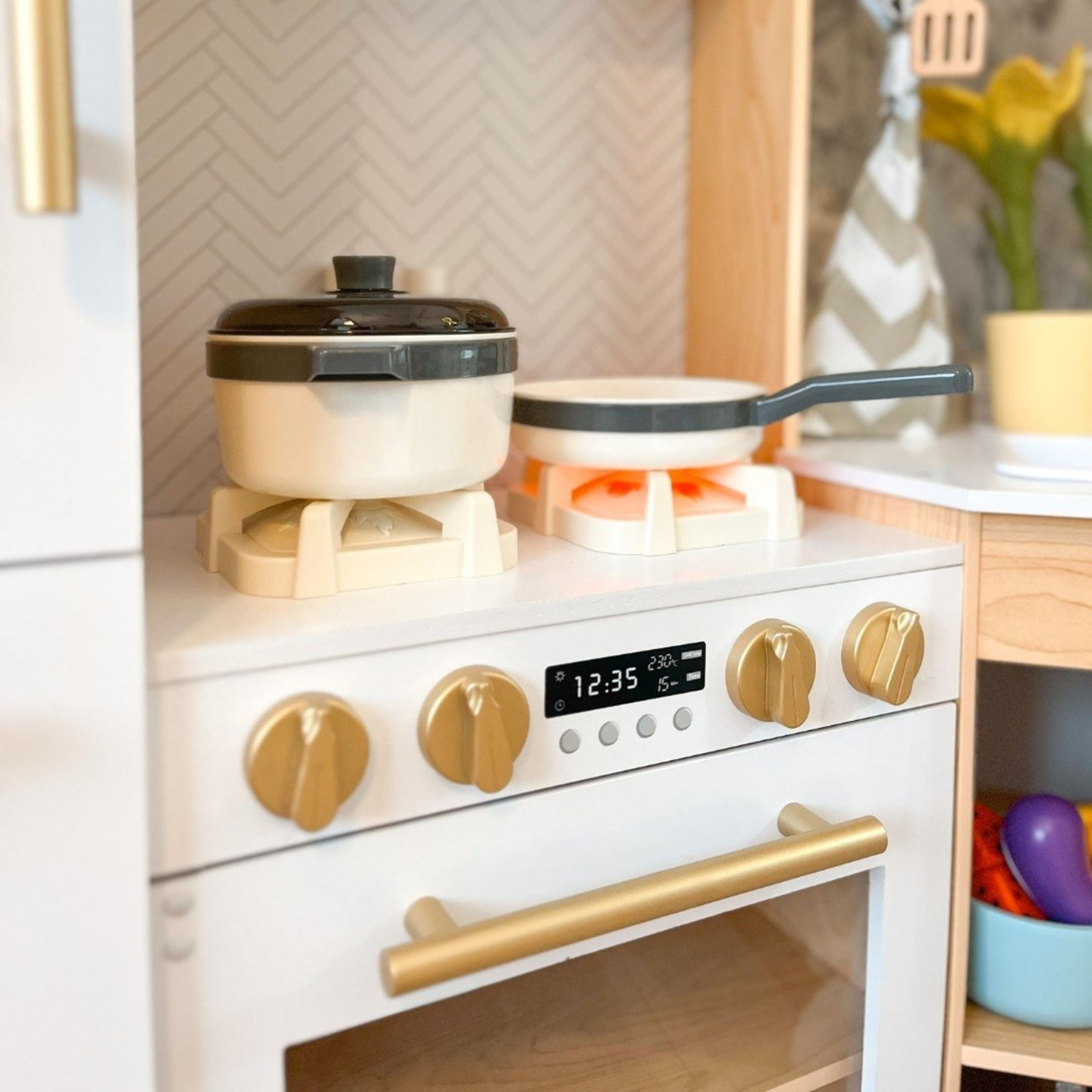 XXXXL grande cuisine interactive en bois avec éclairage LED, lave-linge, micro-ondes, machine à café et set de fruits et légumes - 50 éléments