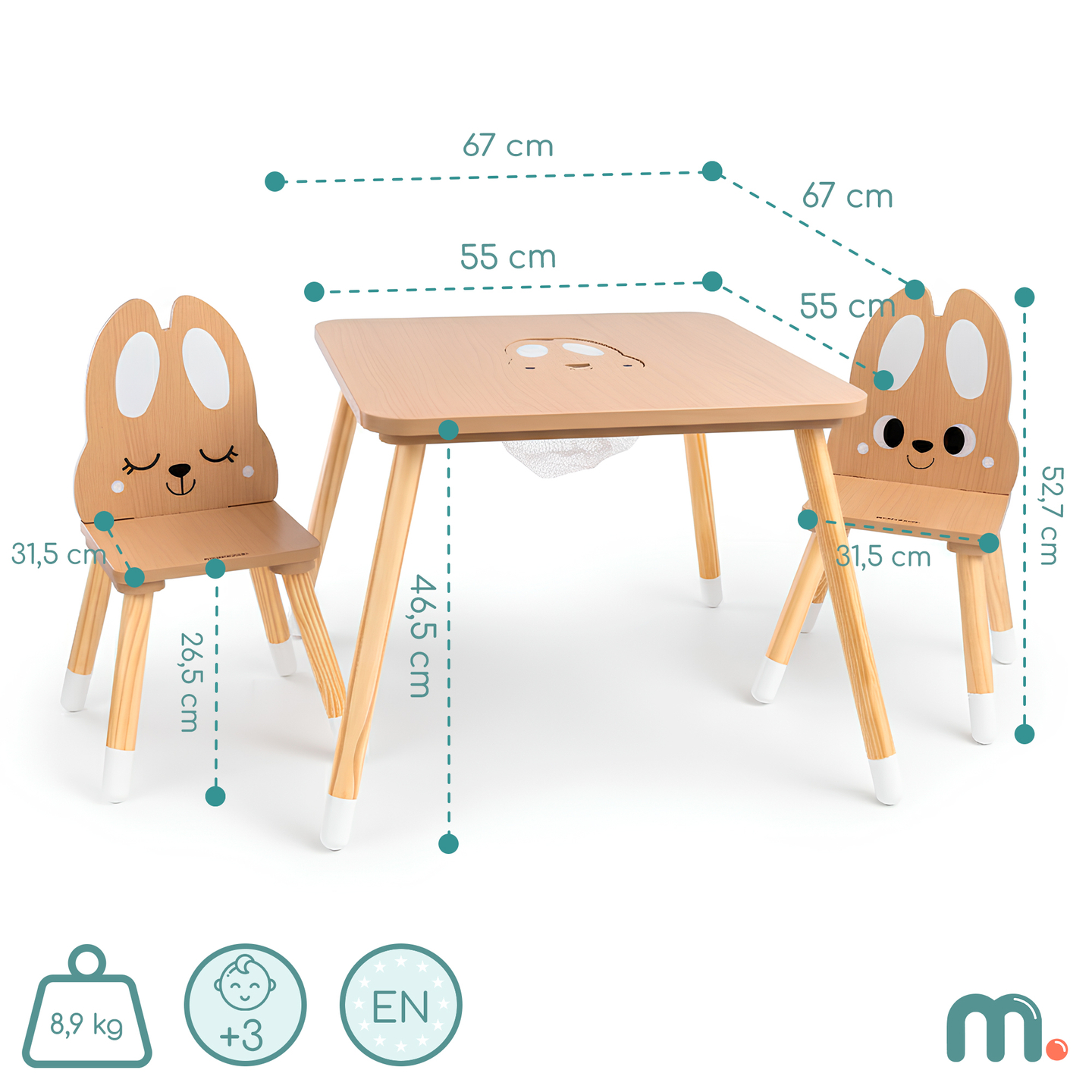 Table en bois avec rangement et 2 chaises Ensemble enfant - Lapin mignon