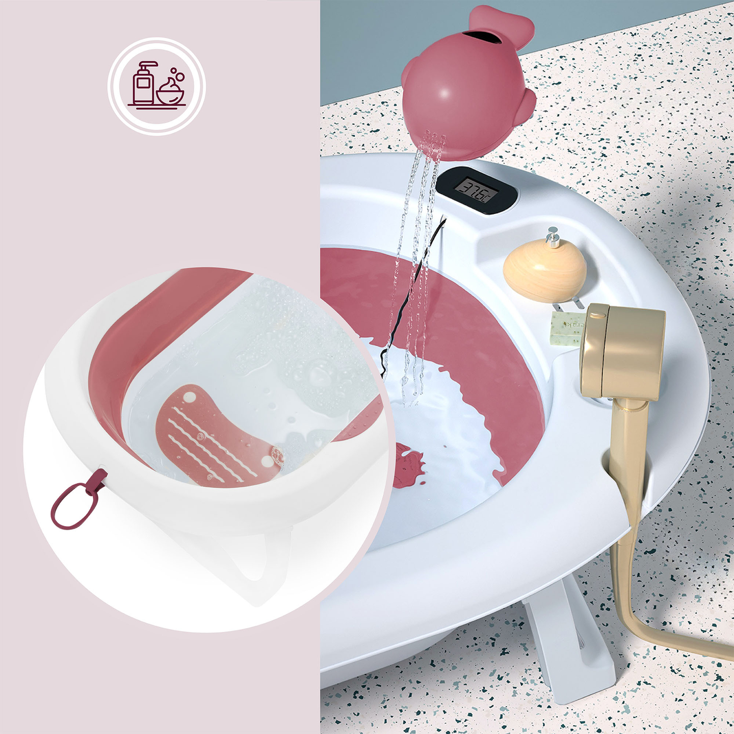 Baignoire pliante pour bébé avec thermomètre, insert et support - couleur rose sale