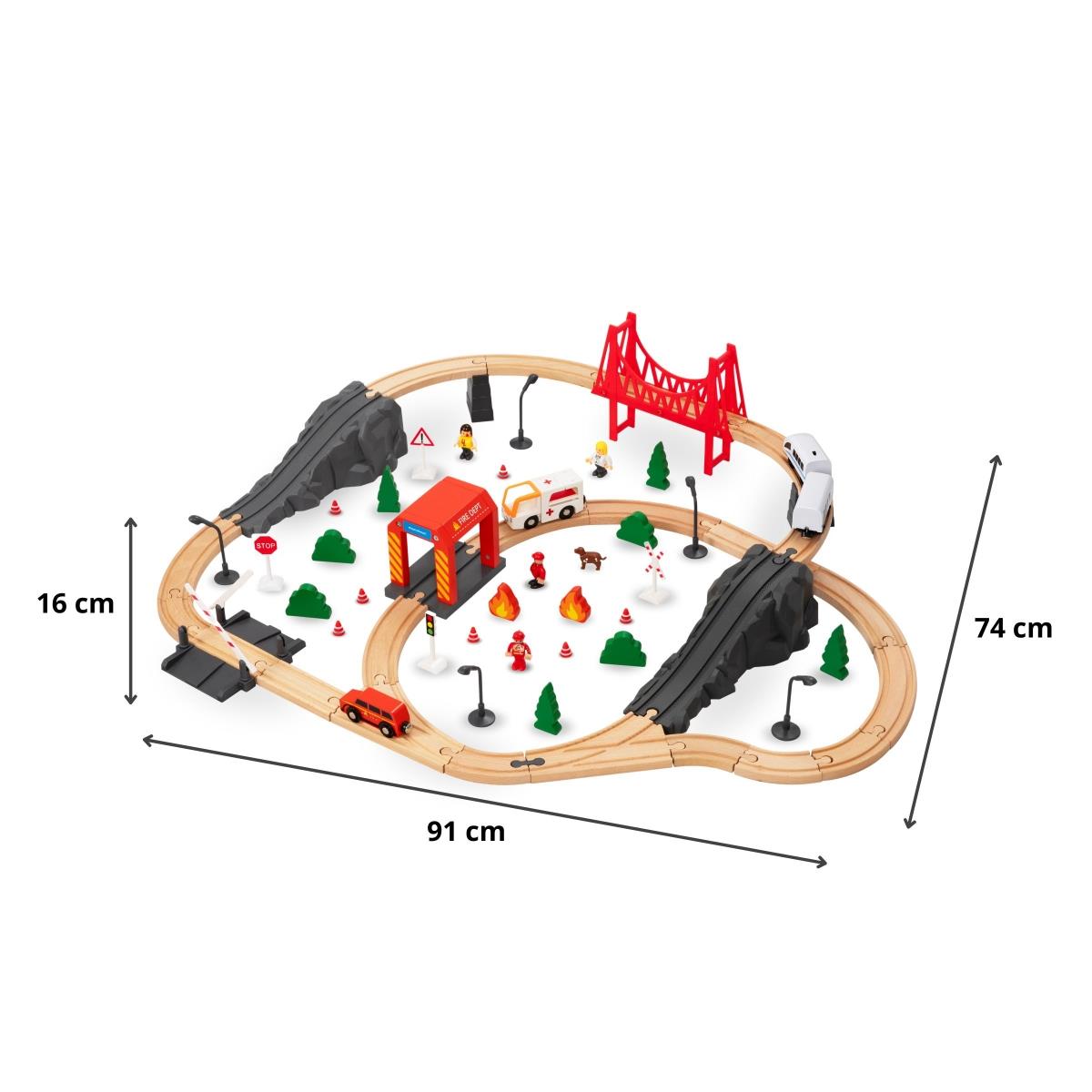 Chemin de fer en bois, train à batterie - Pompiers, voies, voitures, ponts, barrière
