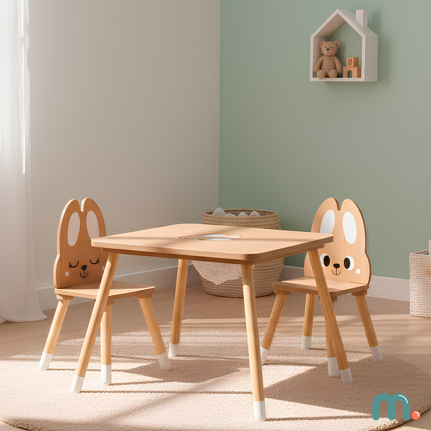 Table en bois avec rangement et 2 chaises Ensemble enfant - Lapin mignon