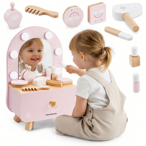 Mini coiffeuse en bois pour enfants avec accessoires et éclairage LED à luminosité réglable.