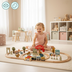 Train ZOO en bois – puzzle, train, rails, animaux, pont, barrière