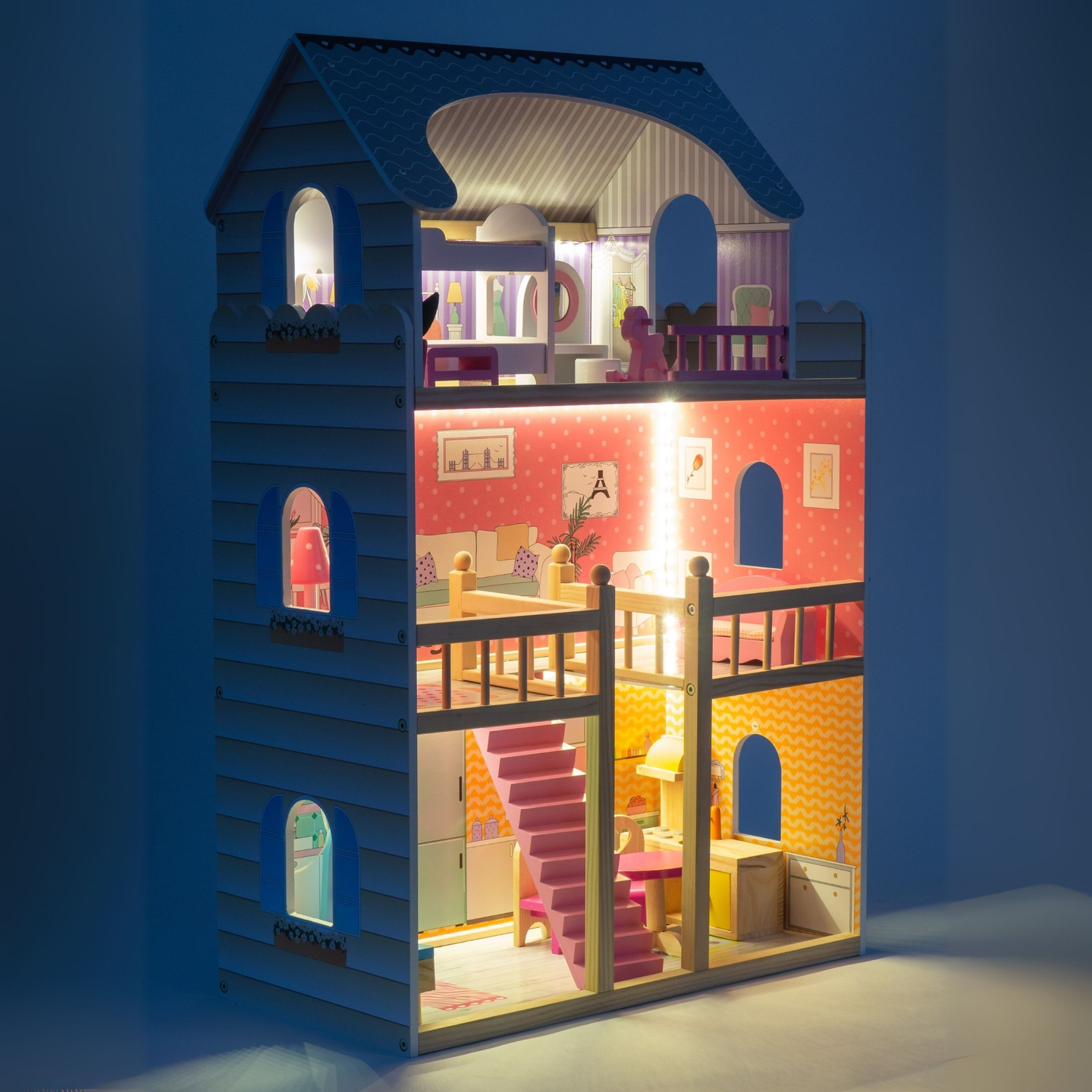 Grande maison de poupées en bois à 3 étages avec terrasse, ensemble de meubles et éclairage LED !