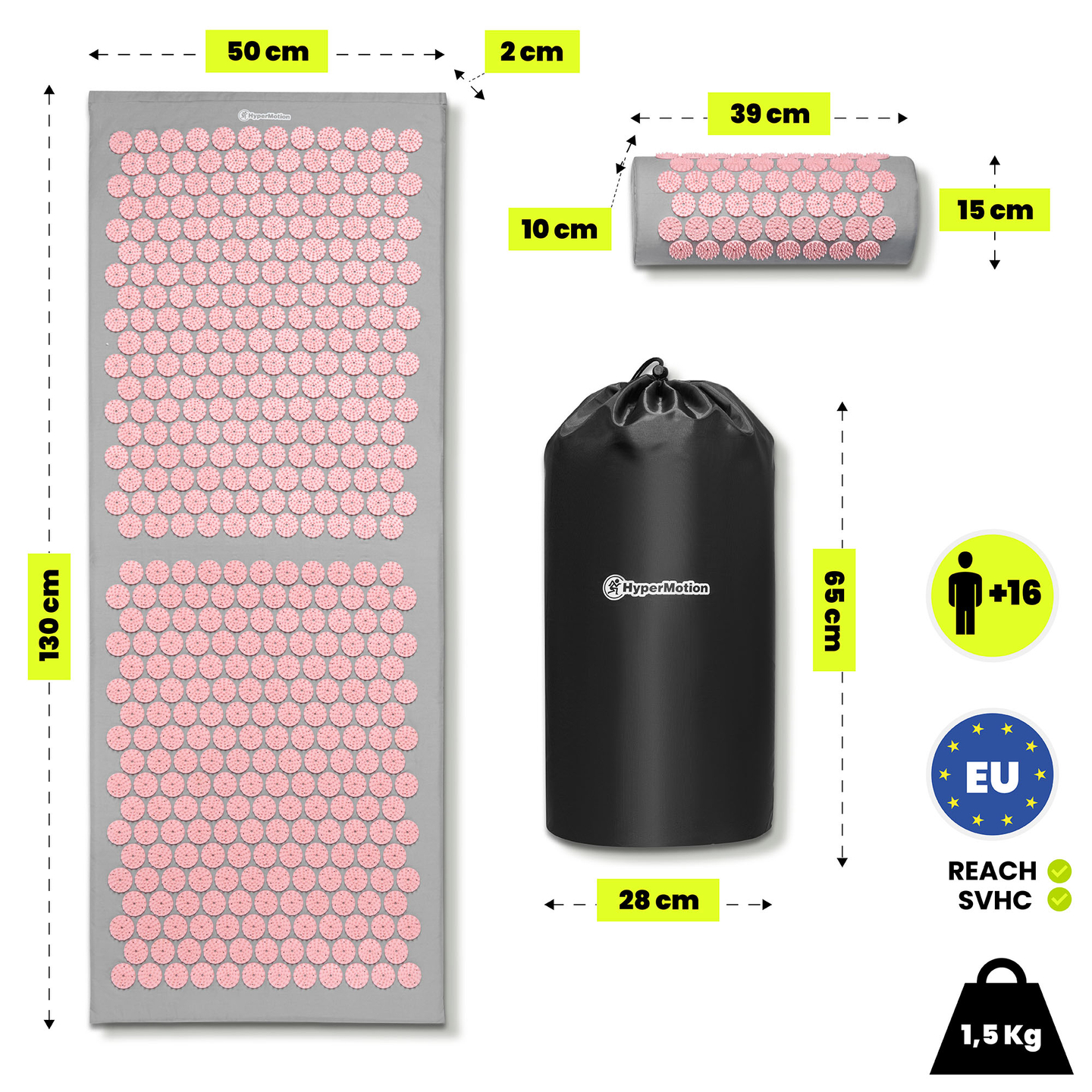 Grand tapis d'acupression avec coussin et housse - 130 cm HyperMotion gris et rose