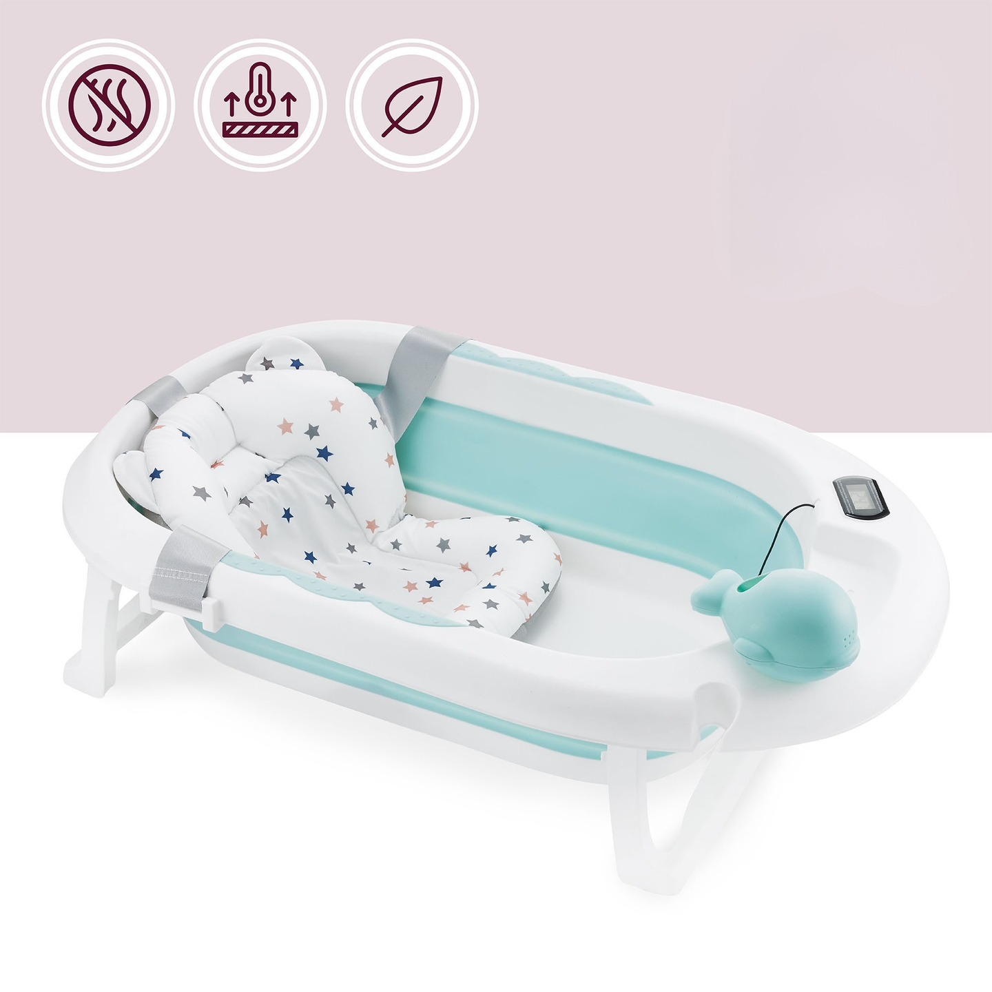 Baignoire pliante pour bébé avec thermomètre, insert et support - couleur menthe