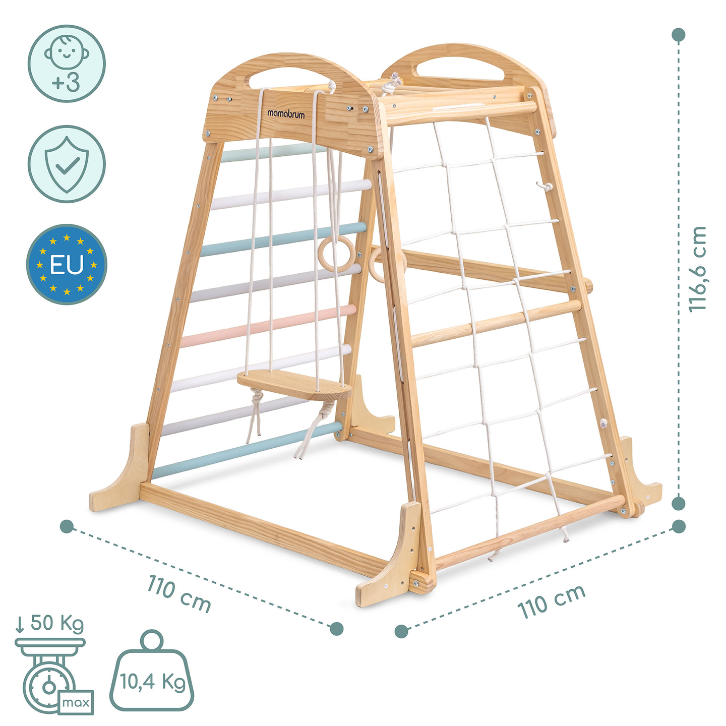 Aire de jeux intérieure en bois avec balançoire, anneaux de gymnastique et filet d'escalade