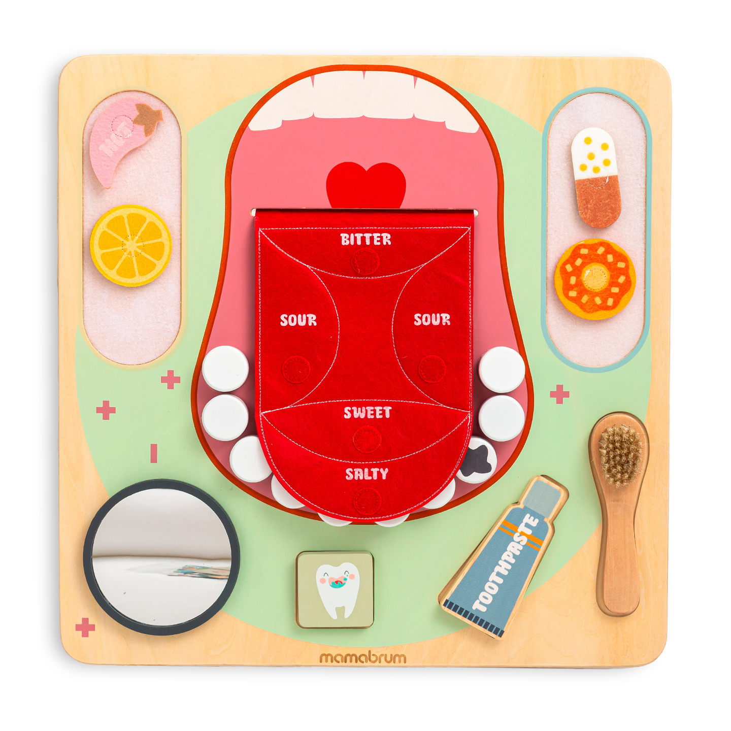 Planche éducative Montessori en bois Petit Dentiste - brosse à dents, dentifrice, dents amovibles, miroir, nourriture, apprentissage des saveurs