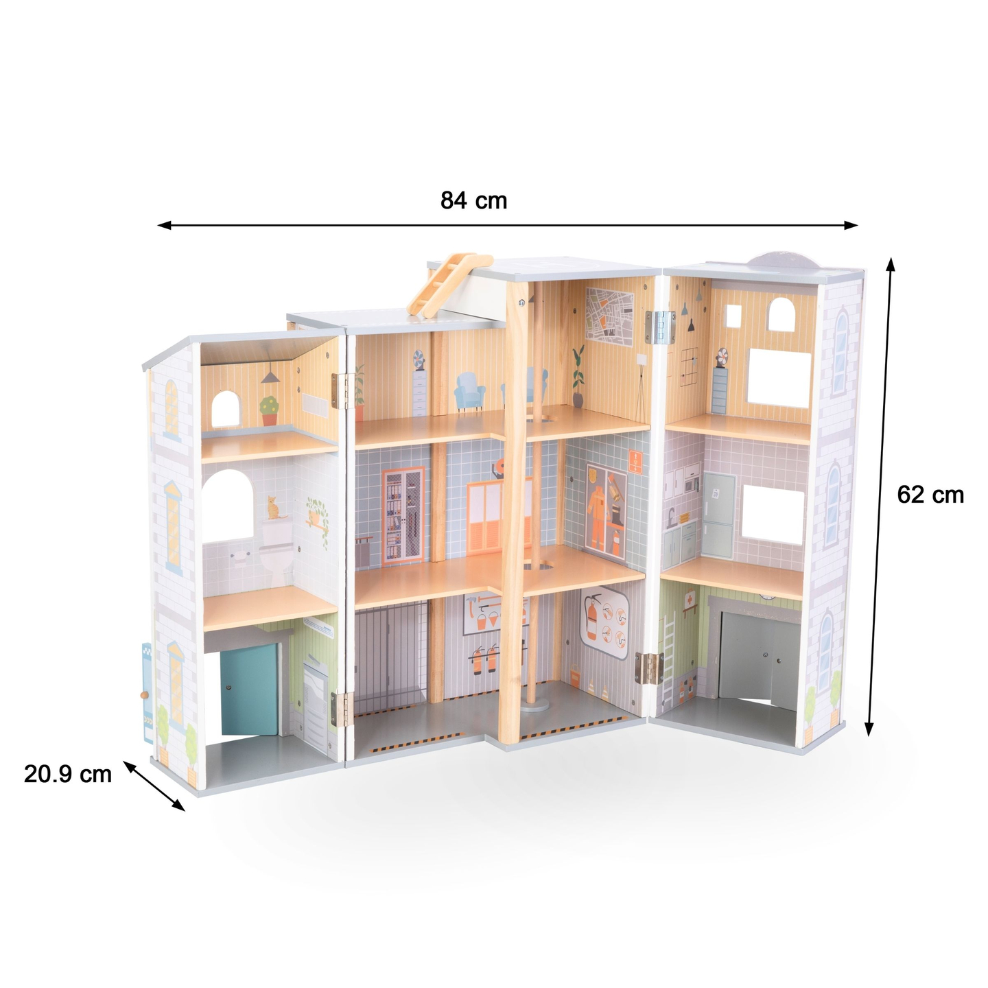Grande caserne de pompiers pliante avec poste de police - ensemble en bois. Caserne de pompiers et poste de police avec accessoires.