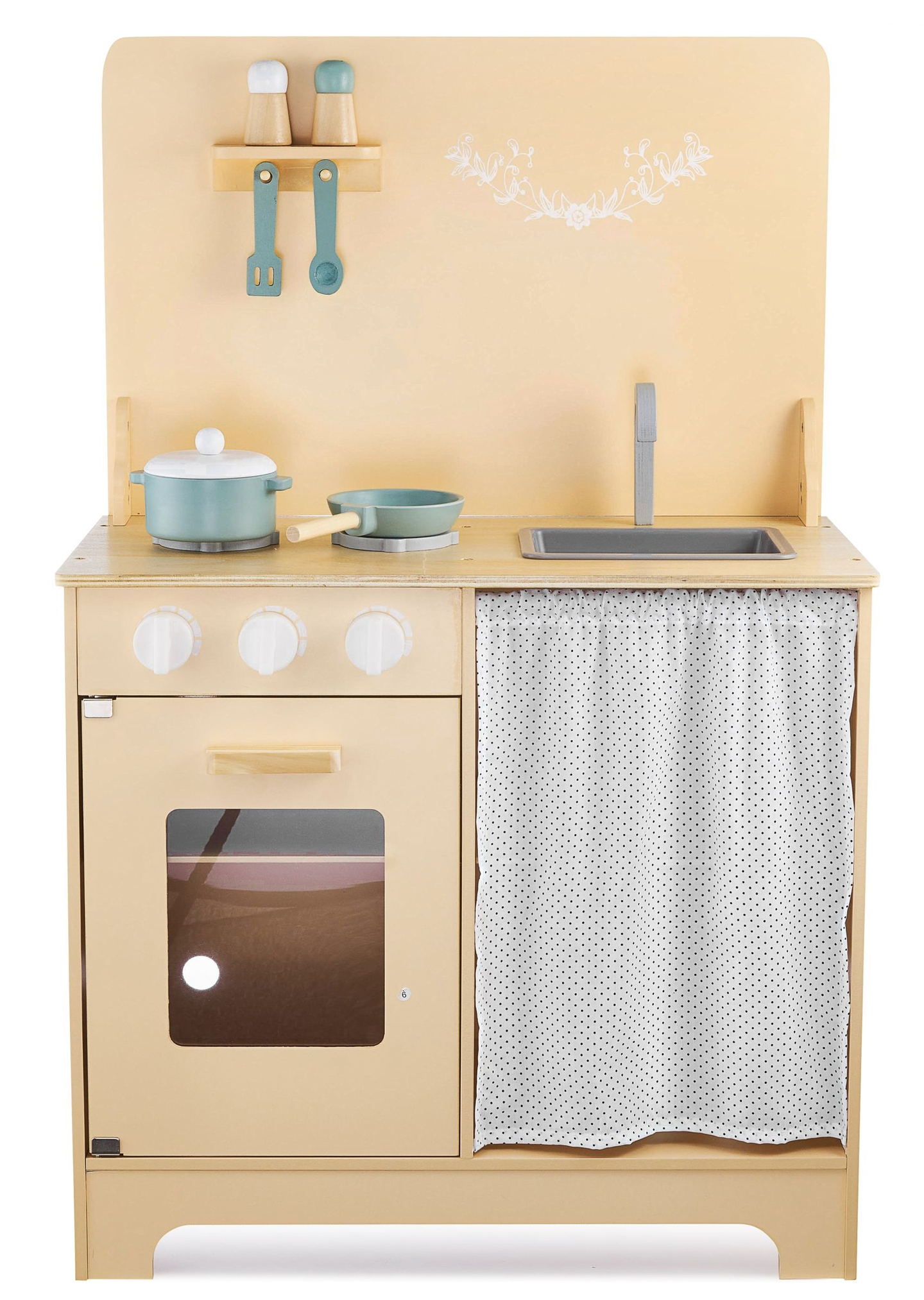 Cuisine en bois avec tablier, accessoires et éclairage LED