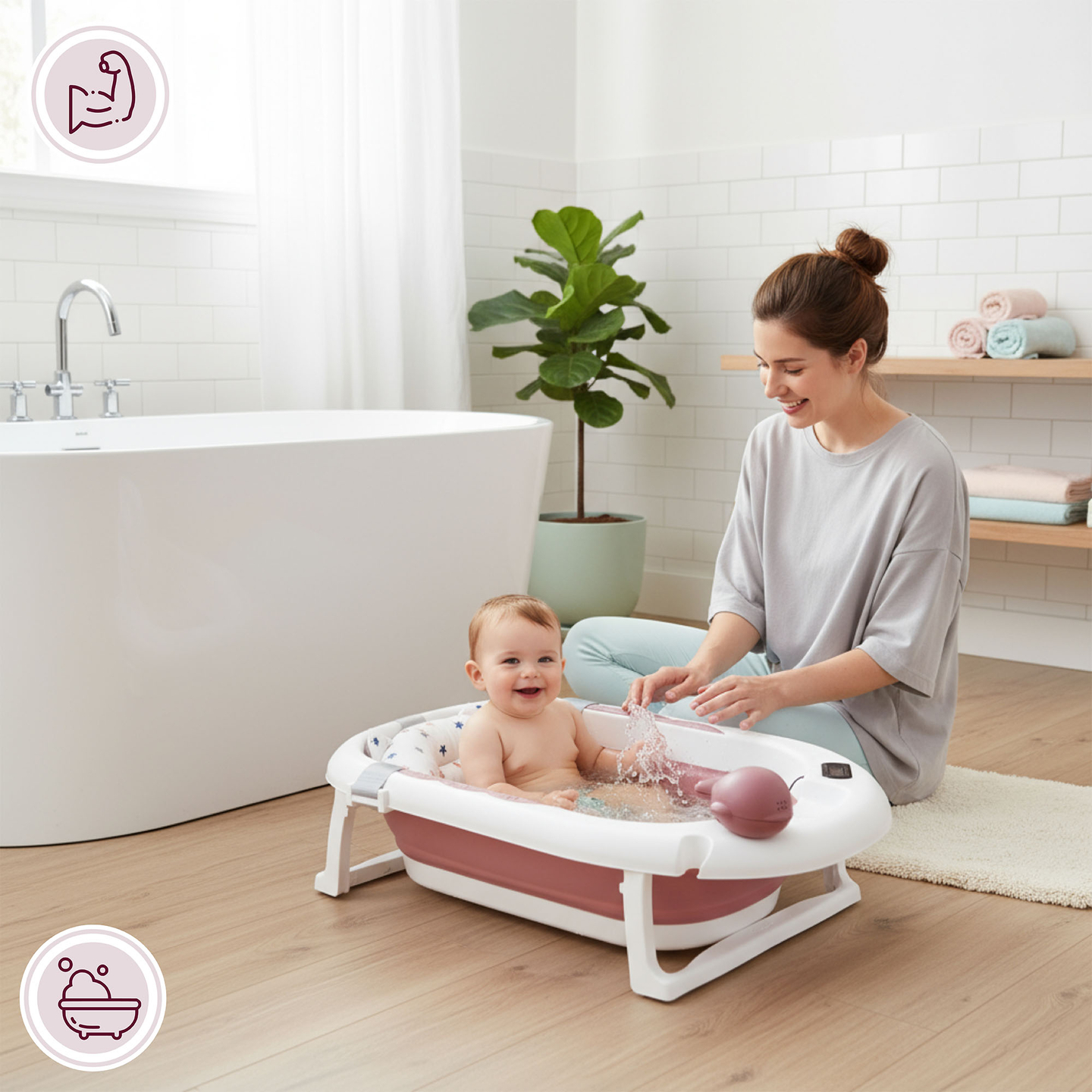Baignoire pliante pour bébé avec thermomètre, insert et support - couleur rose sale