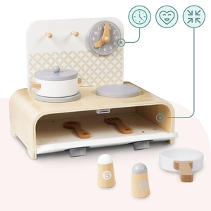 Cuisine pliante en bois Mamabrum pour enfants - Ensemble avec casseroles, accessoires de cuisine et rangement