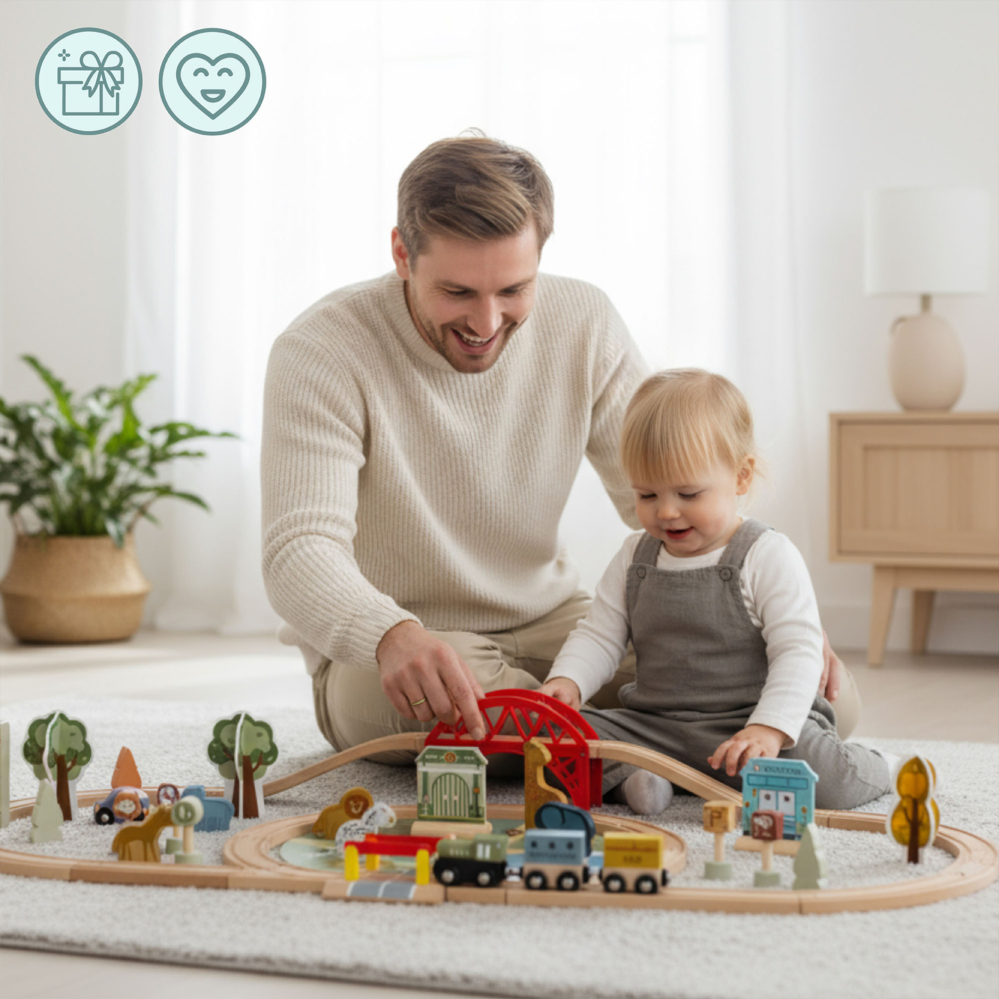 Train ZOO en bois – puzzle, train, rails, animaux, pont, barrière