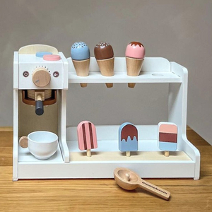 Glacier en bois avec machine à café - magasin de café avec accessoires