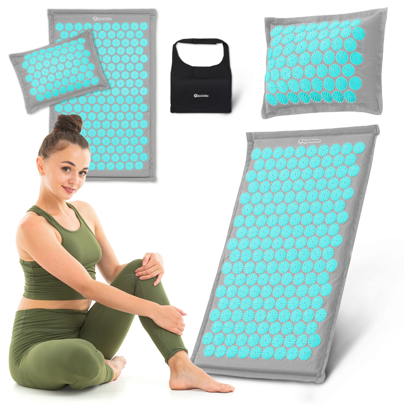 Tapis d'acupression en lin écologique avec coussin en fibres de coco et sarrasin – 68 cm HyperMotion Gris-Menthe