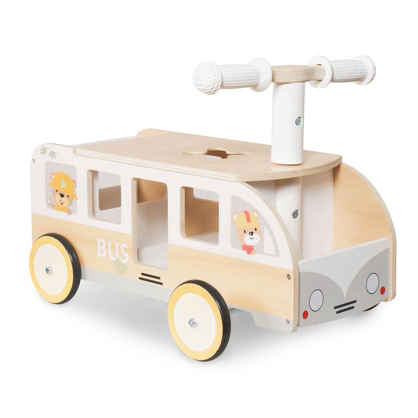 Bus en bois à pédales pour enfants - Bus avec compartiments de rangement et espace pour les peluches