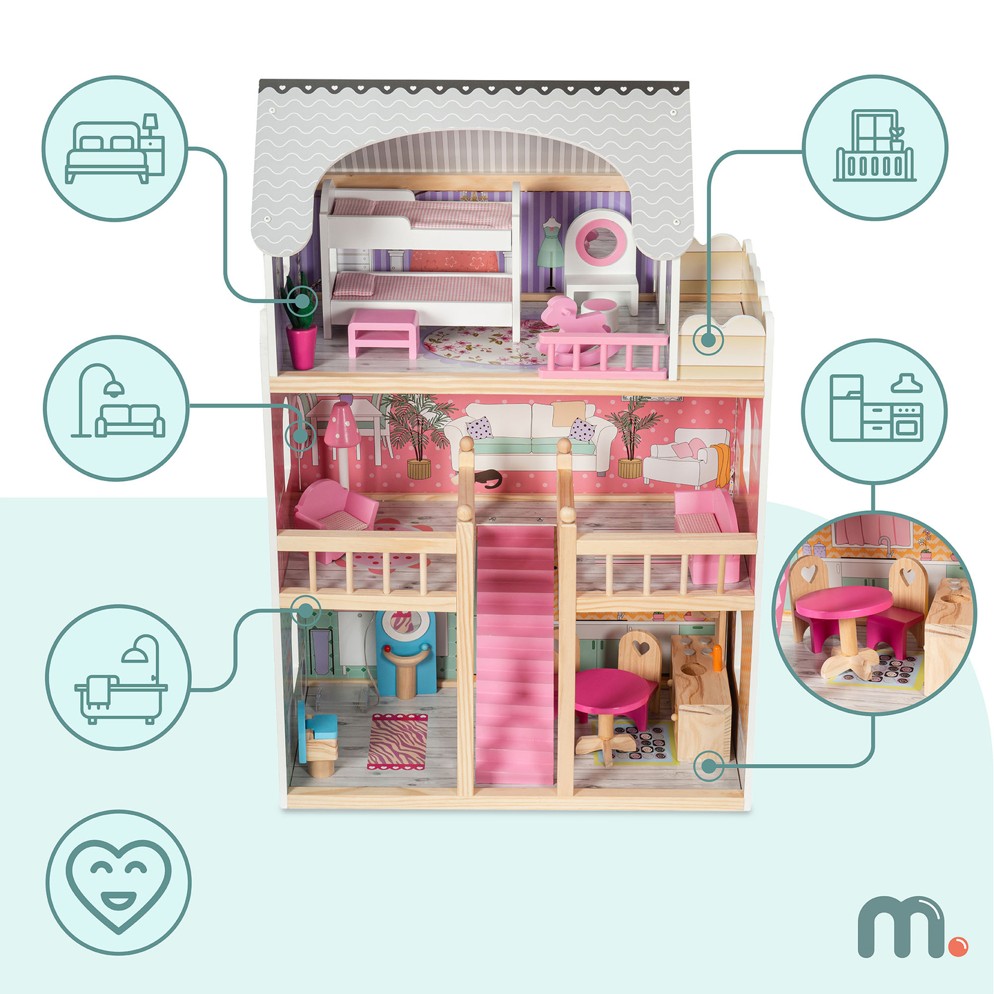 Grande maison de poupées en bois à 3 étages avec terrasse, ensemble de meubles et éclairage LED !
