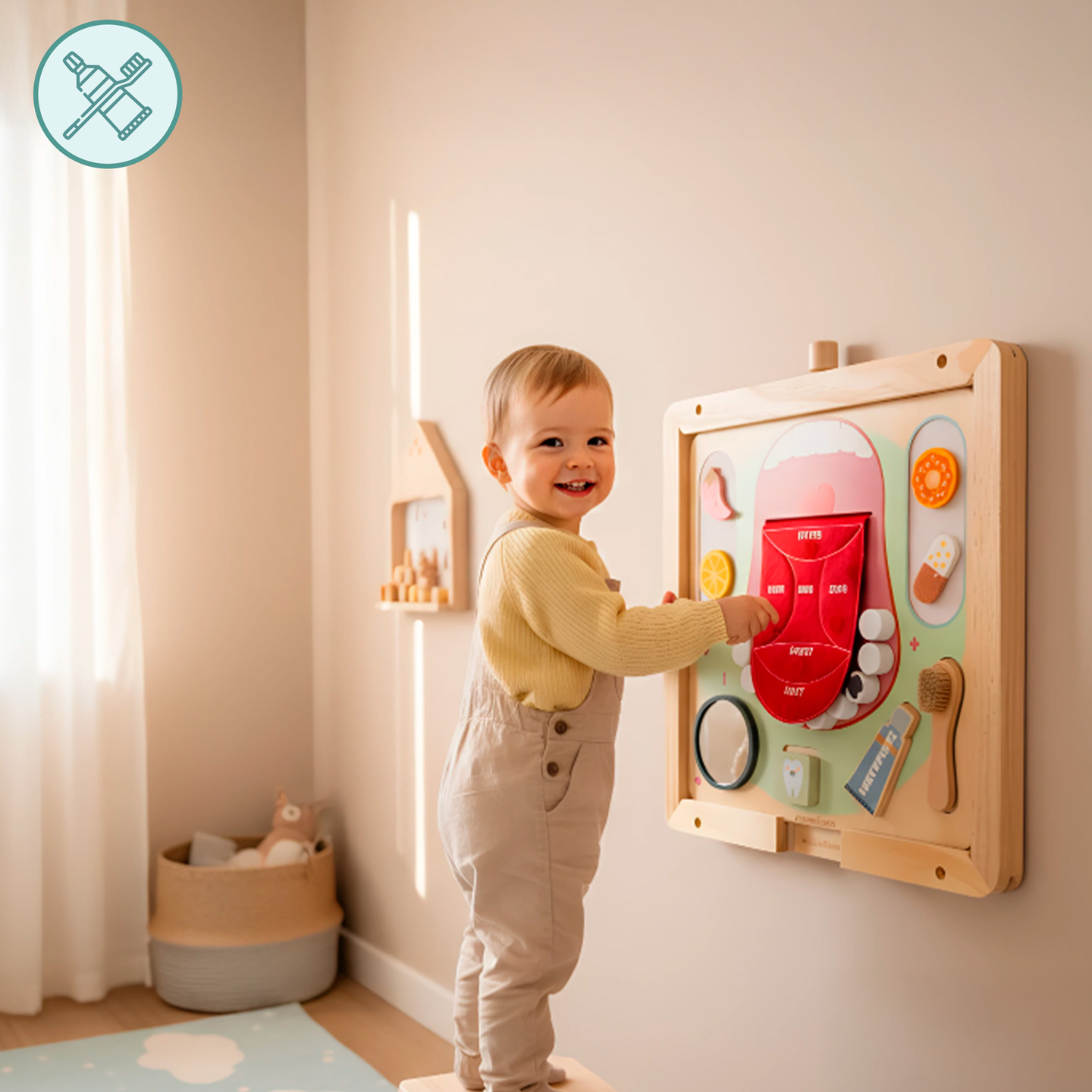 Planche éducative Montessori en bois Petit Dentiste - brosse à dents, dentifrice, dents amovibles, miroir, nourriture, apprentissage des saveurs