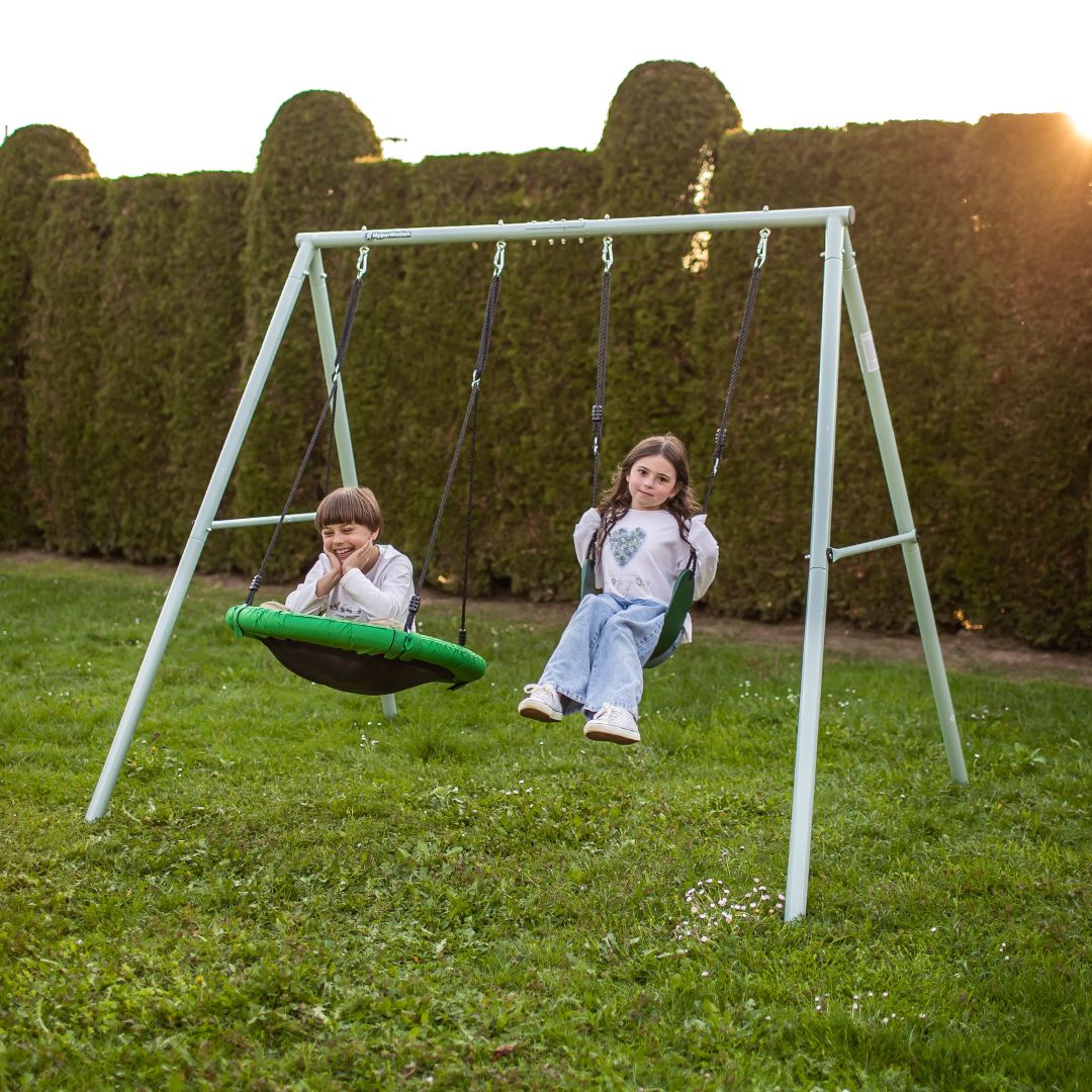 Balançoire de jardin double avec cadre et cordes - siège et nid de cigogne