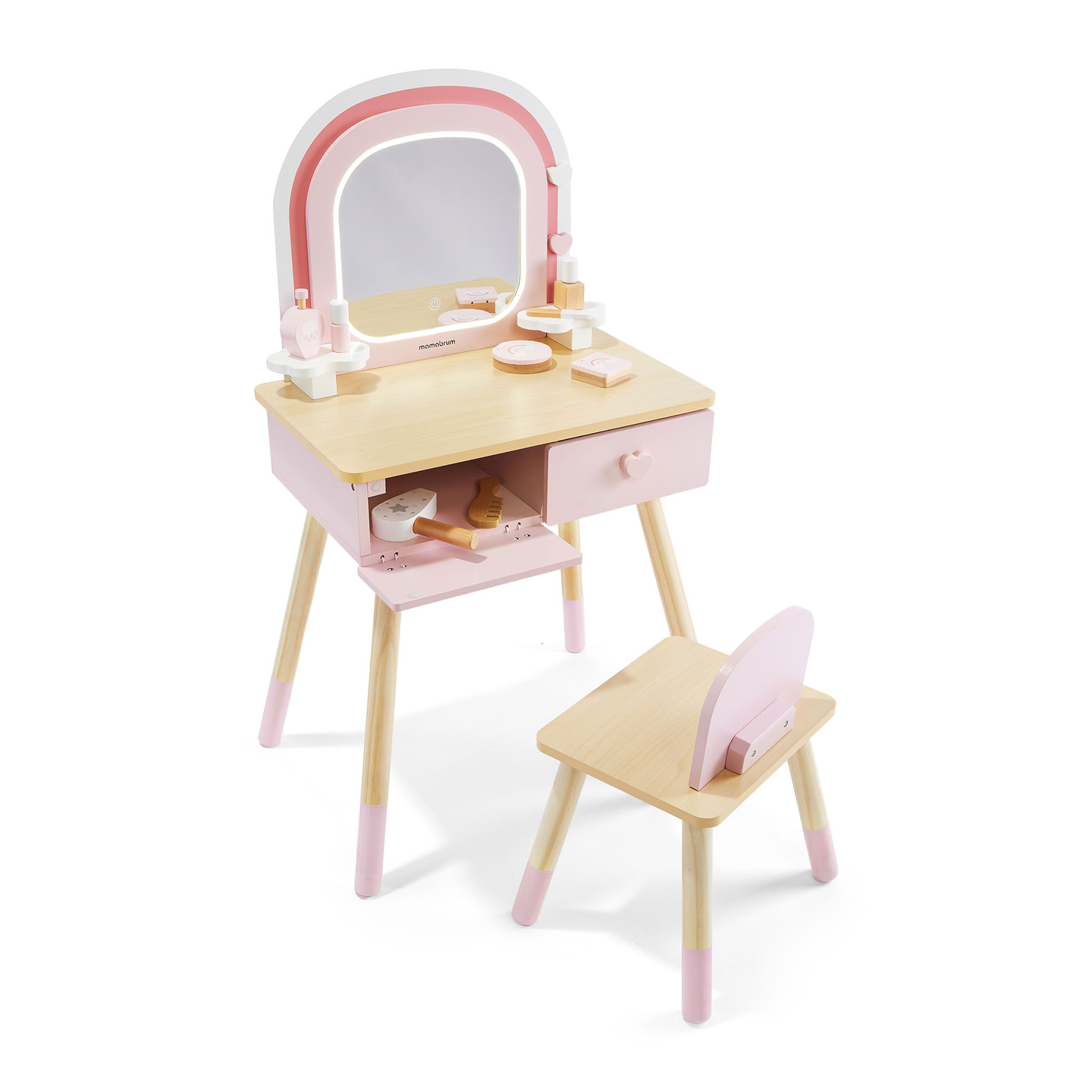 Coiffeuse en bois pour enfants avec éclairage LED à luminosité réglable, chaise et accessoires inclus.
