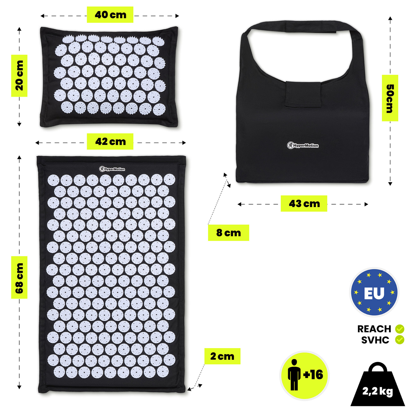 Tapis d'acupression en lin écologique avec coussin en fibres de coco et sarrasin – 68 cm HyperMotion Noir et Blanc