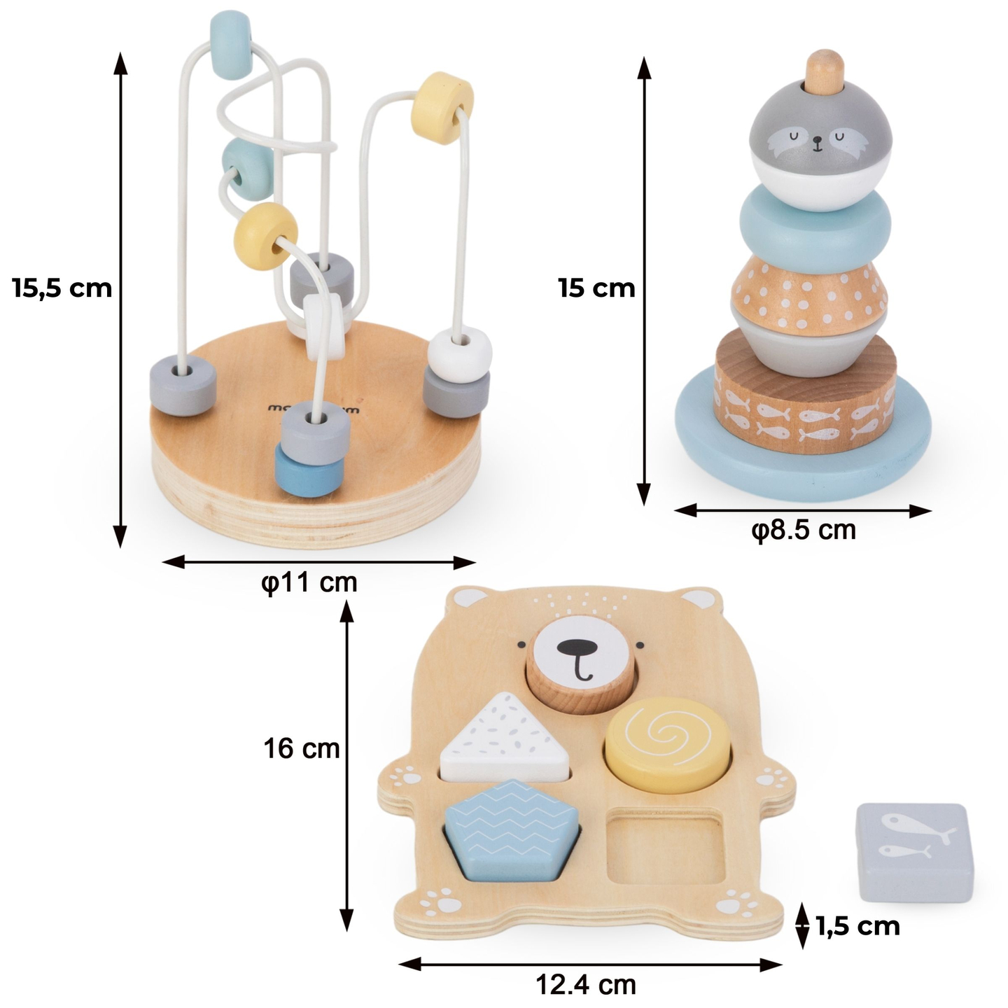 Ensemble de jouets en bois - entrelacs colorés, pyramide de phoques, trieur d'oursons