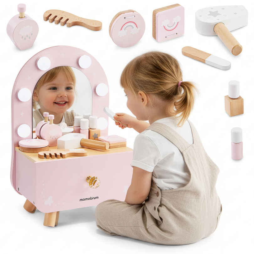 Mini coiffeuse en bois pour enfants avec accessoires et éclairage LED à luminosité réglable.