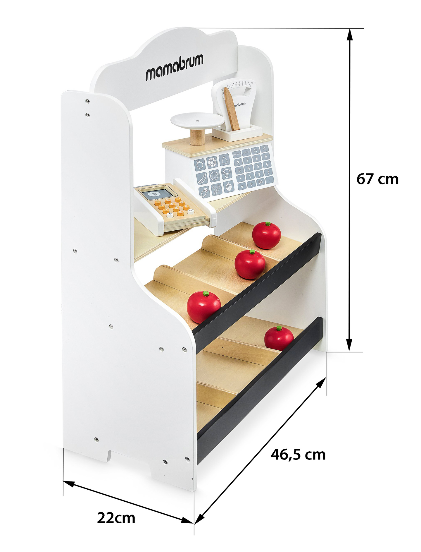Mini market - magasin avec balances, terminal, carte de paiement et fruits