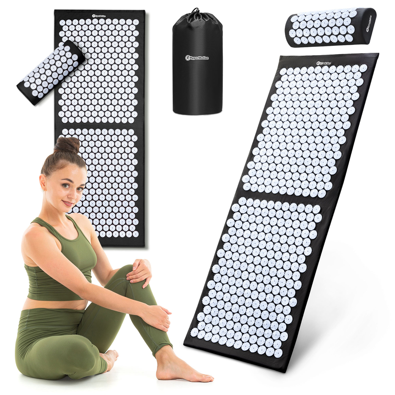 Grand tapis d'acupression avec coussin et housse - 130 cm HyperMotion noir et blanc